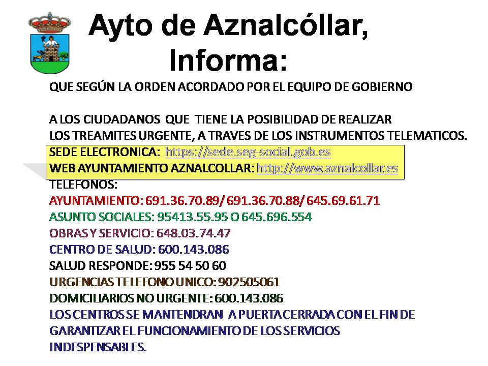 TELEFONOS DE INTERES AZNALCOLLAR COVID 19