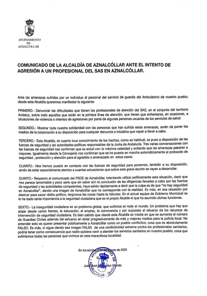 COMUNICADO DE LA ALCALDÍA DE AZNALCÓLLAR ANTE EL INTENTO DE AGRESIÓN A UN PROFESIONAL DEL SAS EN AZNALCÓLLAR.